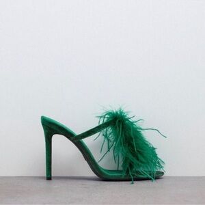 Brand New Zara Green Velvet Feathered Heeled Sandals Size 6.5 US Ref 1346/010